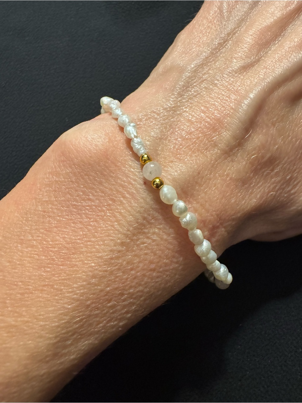 Freshwater Pearl & Rose Quartz Bracelet 7.5” - Gold Tone - Cottagecore